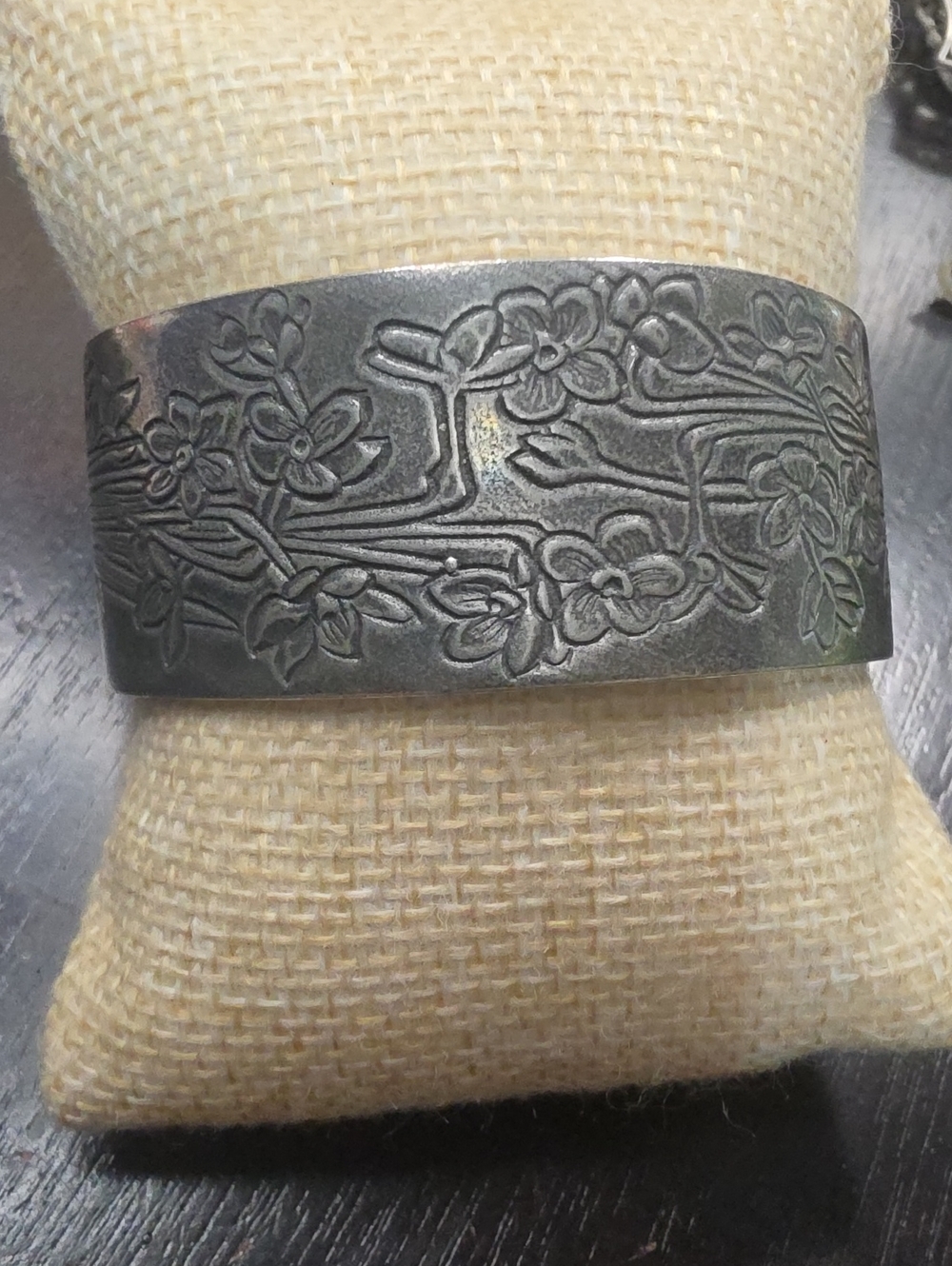 Floral Engraved Black Metal Cuff Watch Bracelet
